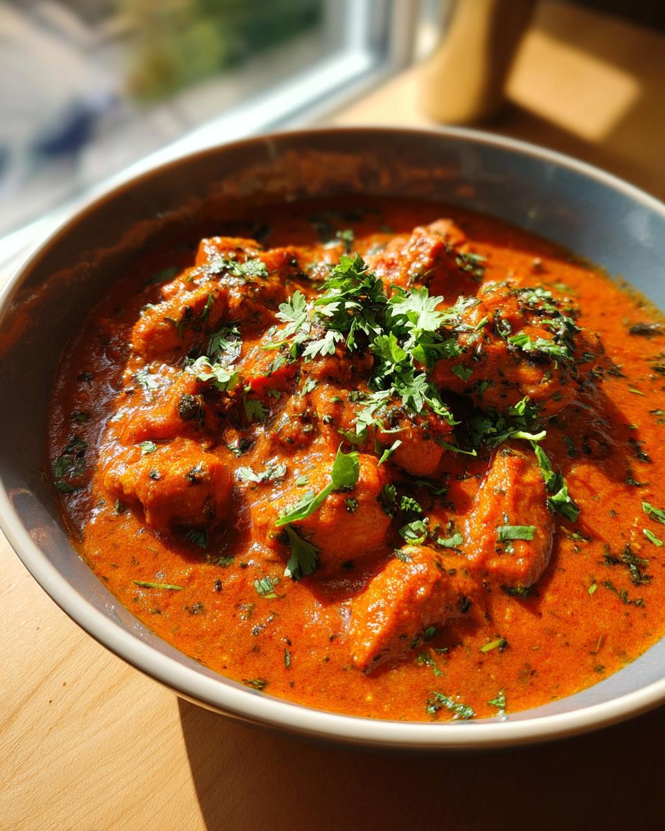 A close-up of a bowl filled with creamy and rich Chicken Tikka Masala, garnished with fresh cilantro.