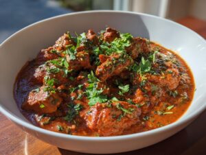 A close-up of a white bowl filled with creamy, red Chicken Tikka Masala, garnished with fresh cilantro.