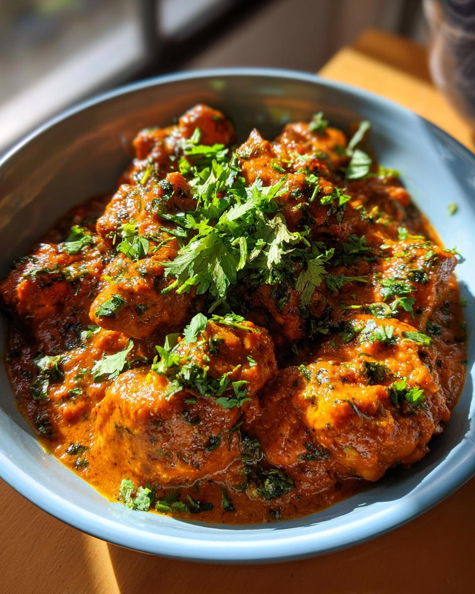 A close-up of a blue bowl filled with rich, creamy Chicken Tikka Masala, garnished with fresh cilantro.