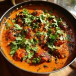 A close-up overhead view of tender chicken tikka masala in a rich, creamy orange sauce, garnished with fresh cilantro.