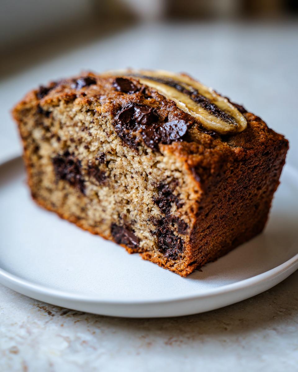 A delicious slice of moist chocolate chip banana bread topped with a banana slice and chocolate chips.