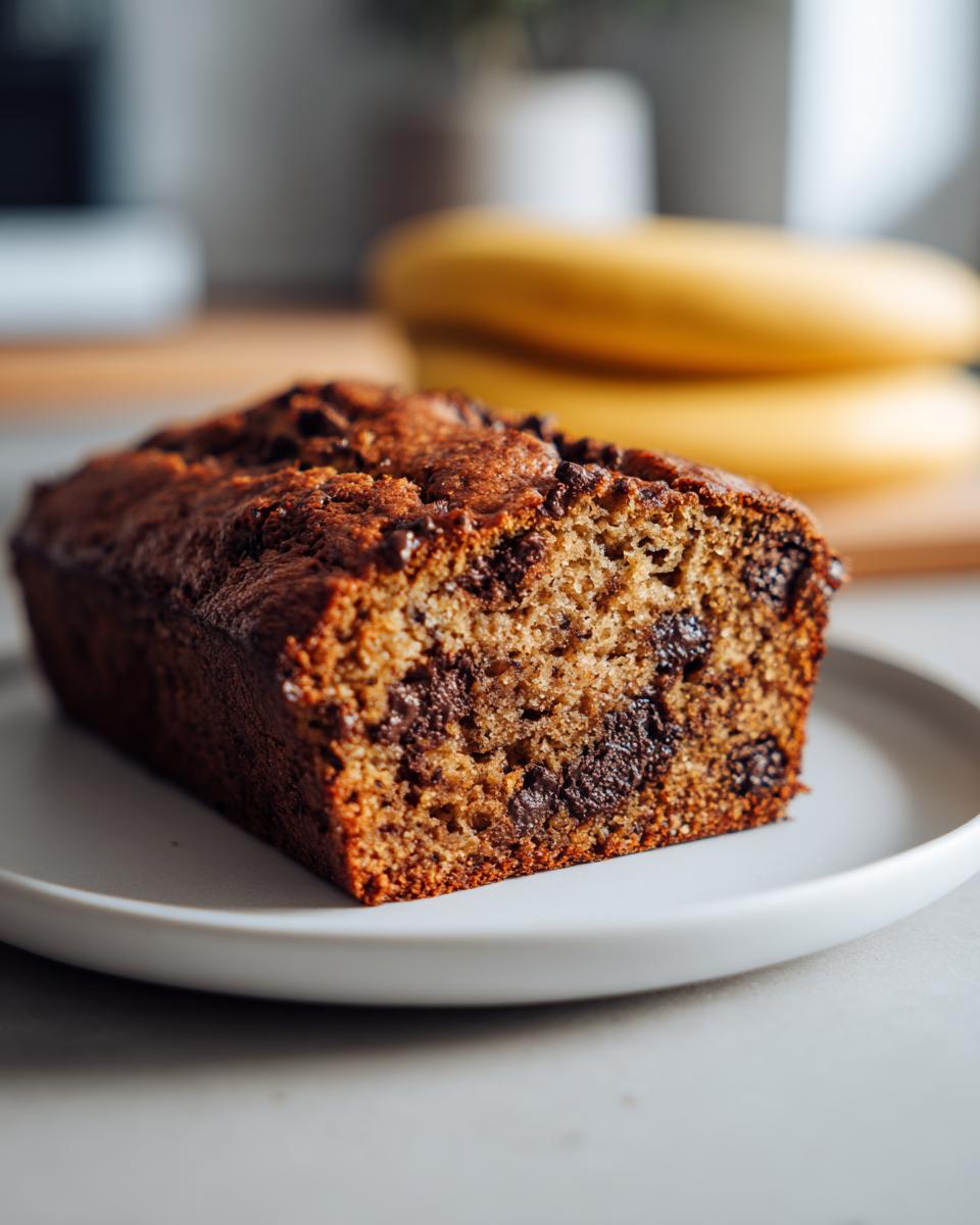 A close-up of a slice of moist chocolate chip banana bread on a white plate.