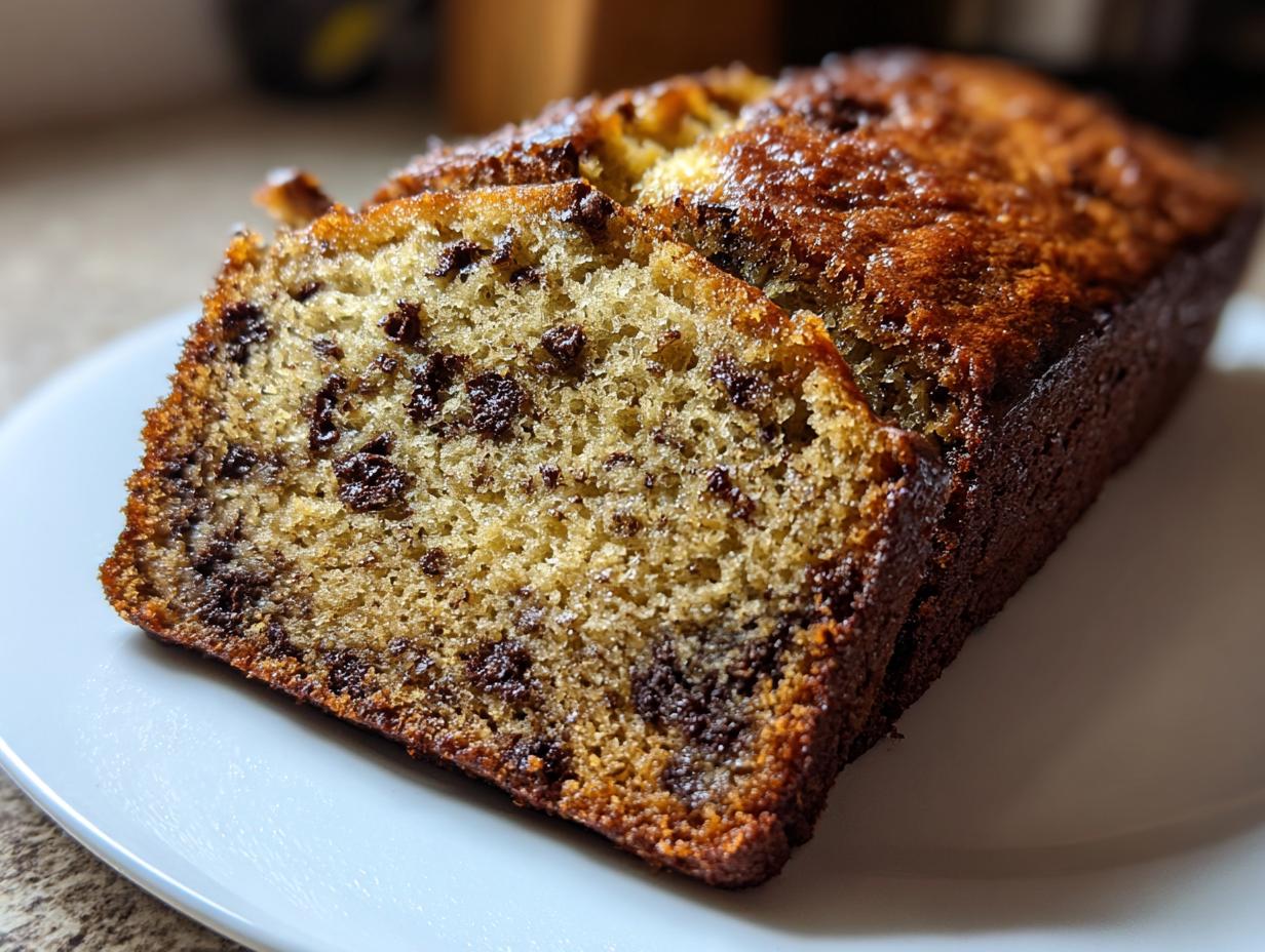 Close-up of a moist chocolate chip banana bread slice on a white plate.