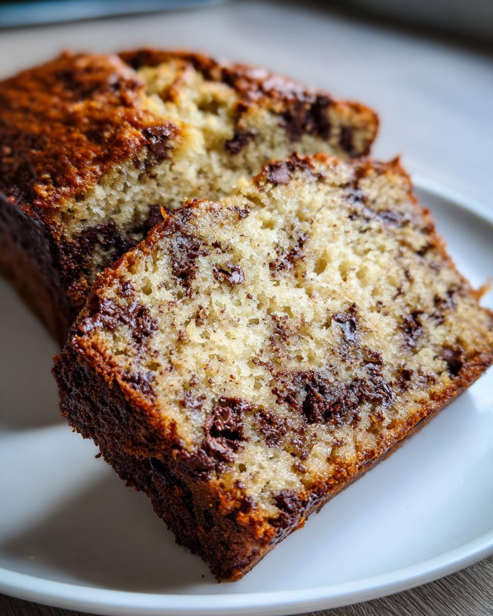 Close-up of two slices of moist chocolate chip banana bread on a white plate.