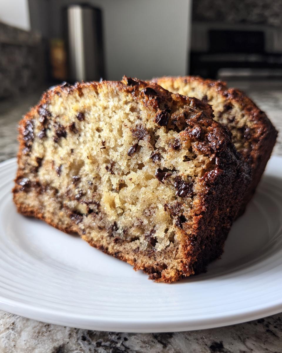 Close-up of two moist slices of chocolate chip banana bread on a white plate.