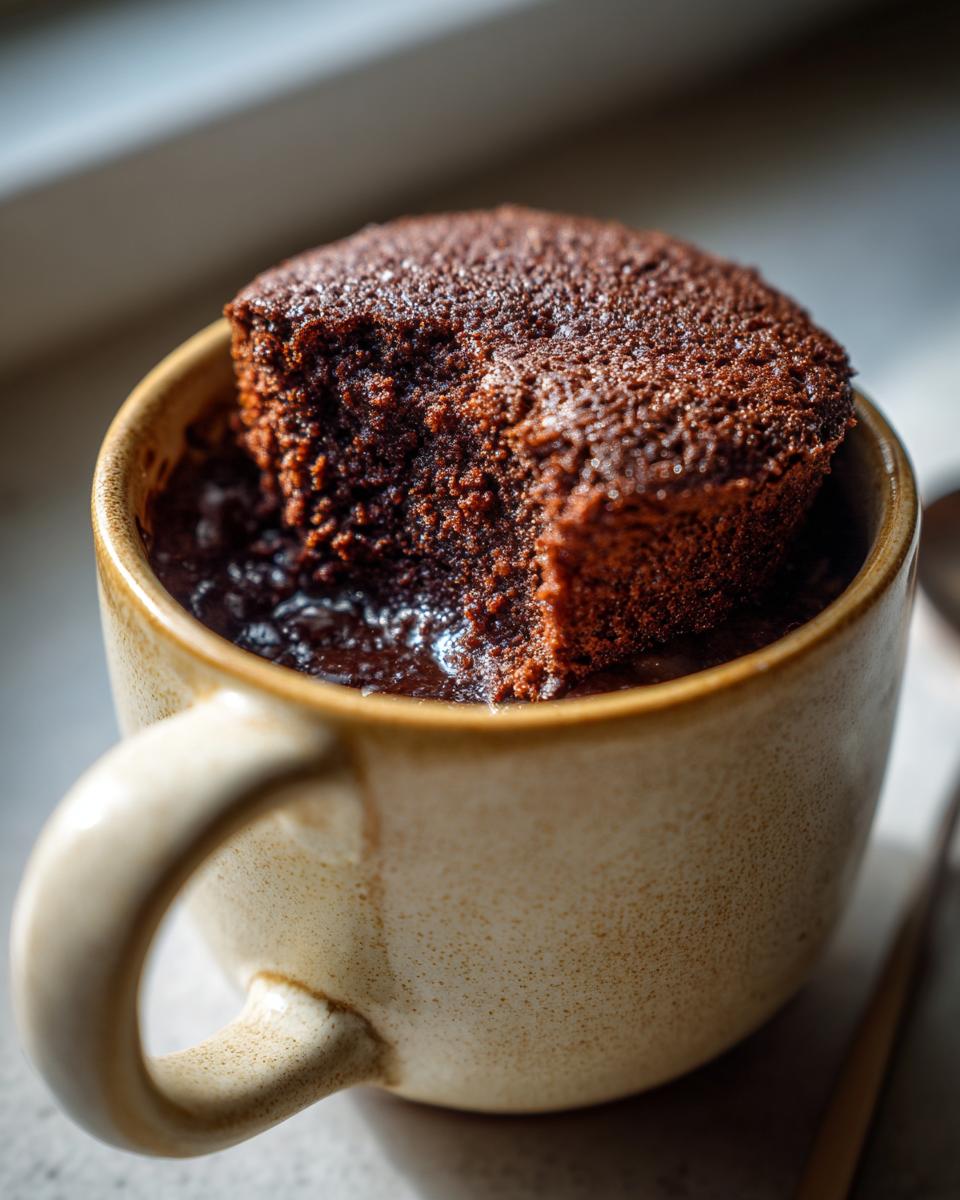 A close-up of a moist chocolate mug cake with a bite taken out, showing its fluffy texture and rich chocolate center.