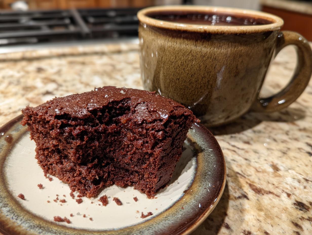 A moist chocolate mug cake on a plate next to a steaming mug of coffee.