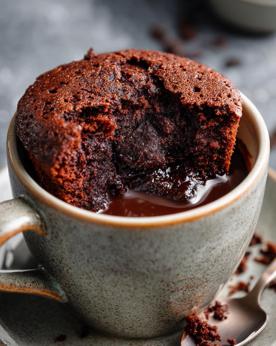 A close-up of a decadent chocolate mug cake with a gooey molten center, a bite taken out.