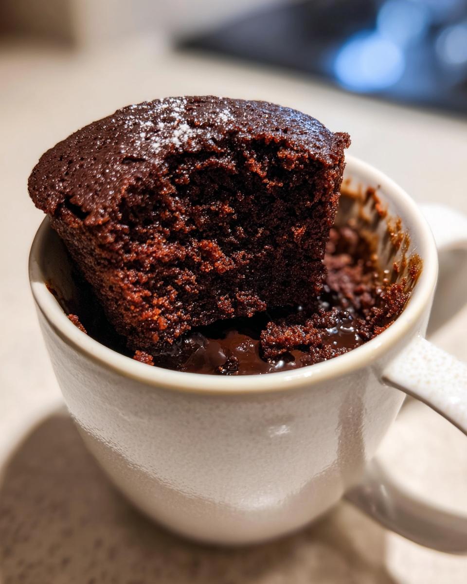 A close-up of a rich chocolate mug cake with a bite taken out, revealing a gooey molten chocolate center.