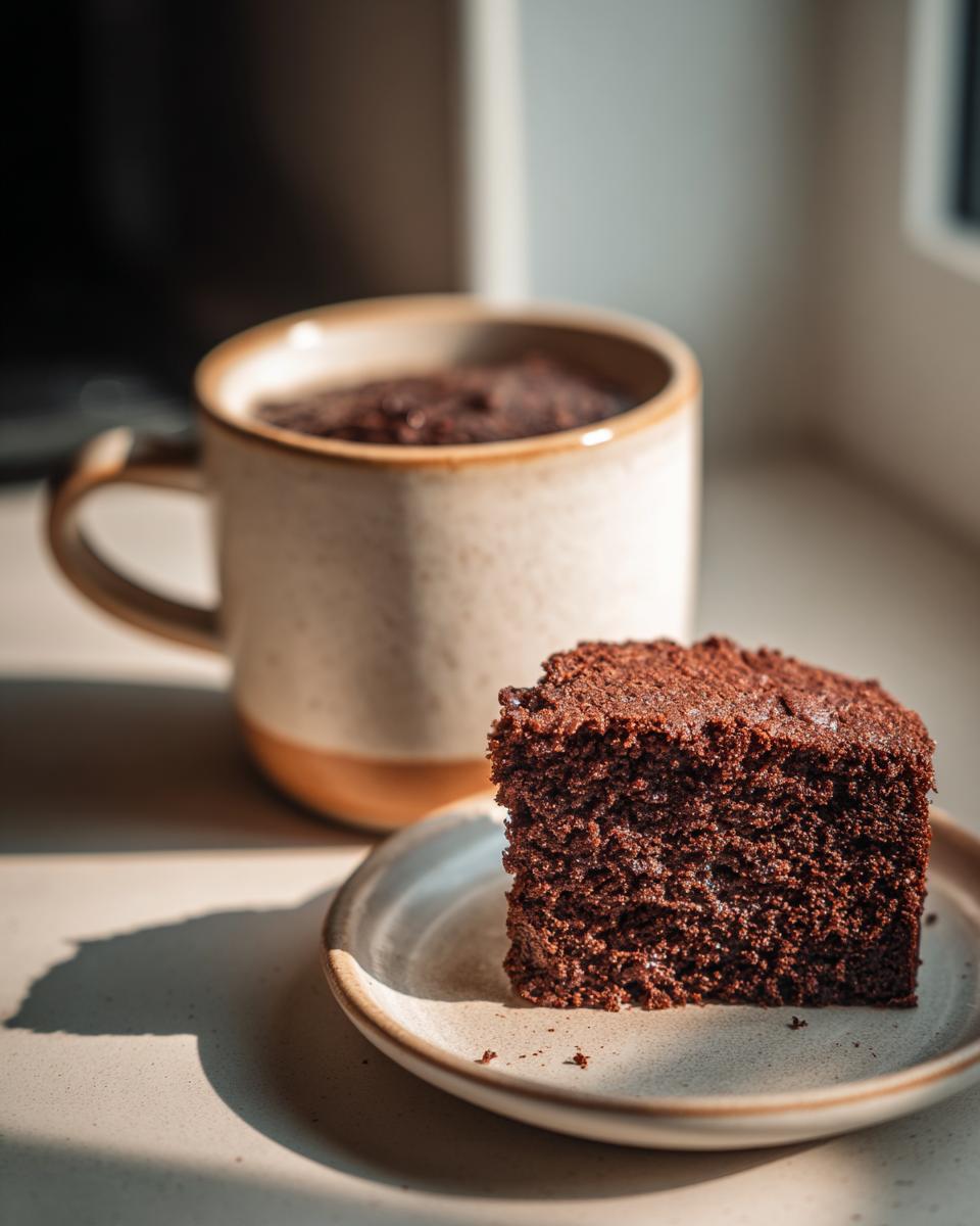 A close-up of a moist chocolate mug cake slice on a plate next to a mug.