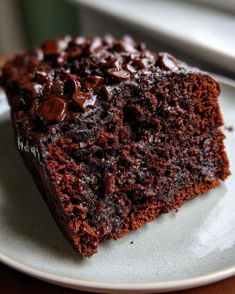 A close-up of a moist slice of chocolate zucchini bread topped with melted chocolate chips.
