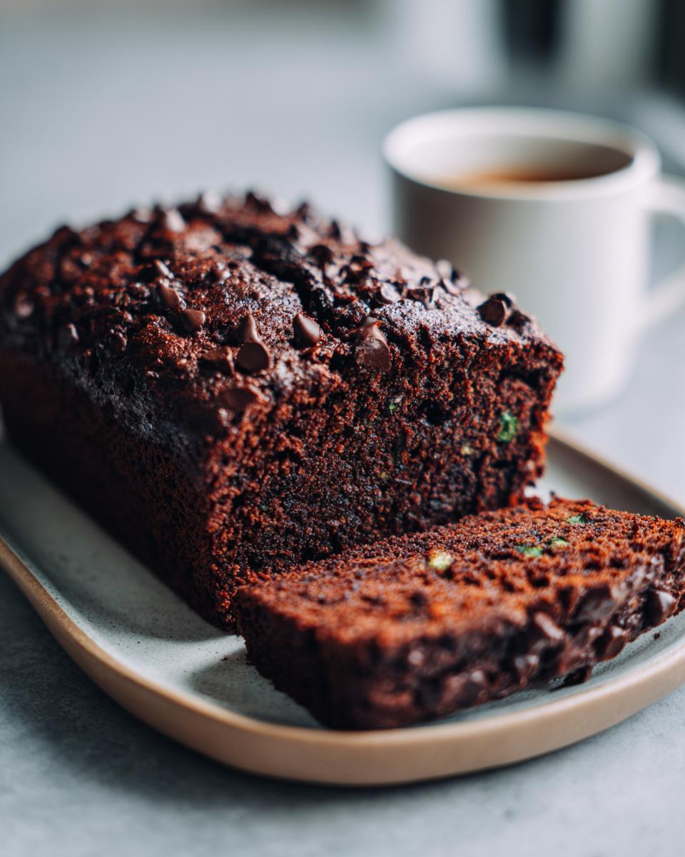 A slice of moist chocolate zucchini bread topped with chocolate chips, next to a cup of coffee.