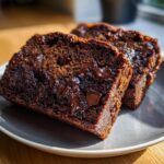 Two delicious slices of moist chocolate zucchini bread with melted chocolate chips on a gray plate.
