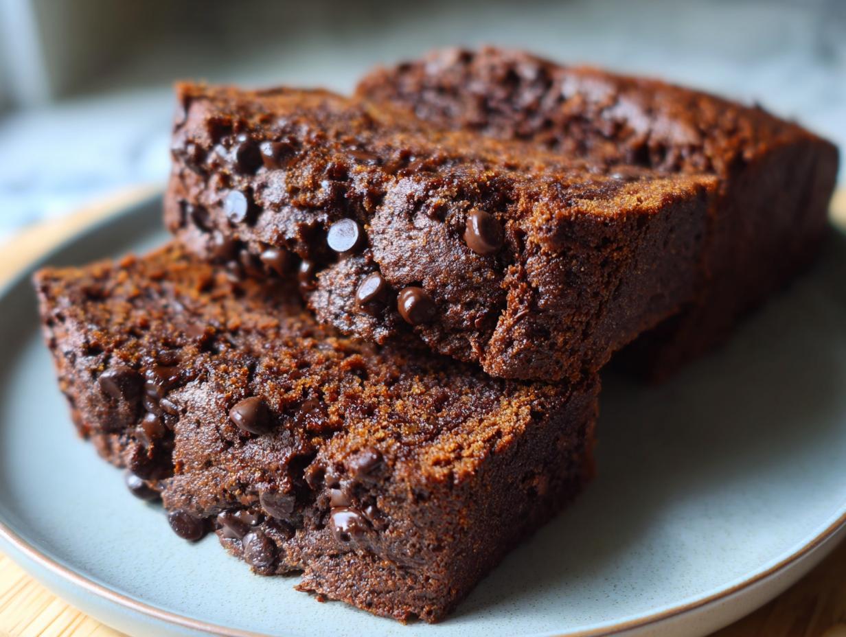 Two moist slices of chocolate zucchini bread generously studded with chocolate chips, served on a light blue plate.