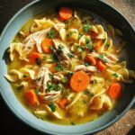 A close-up overhead view of a steaming bowl of classic chicken noodle soup, filled with shredded chicken, wide egg noodles, and carrots, garnished with parsley.