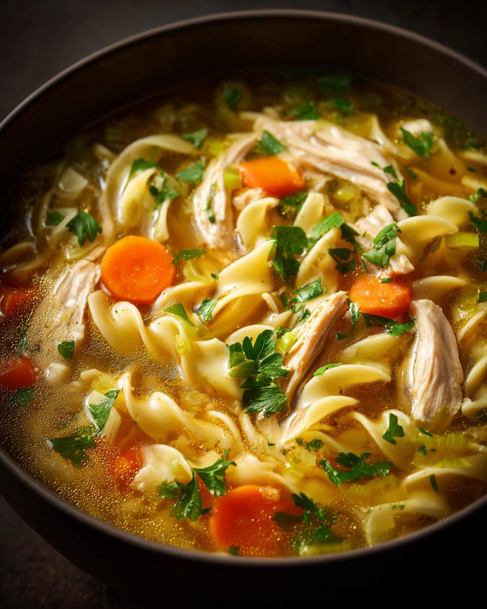 A close-up of a steaming bowl of classic chicken noodle soup, featuring wide noodles, shredded chicken, carrots, and fresh parsley.