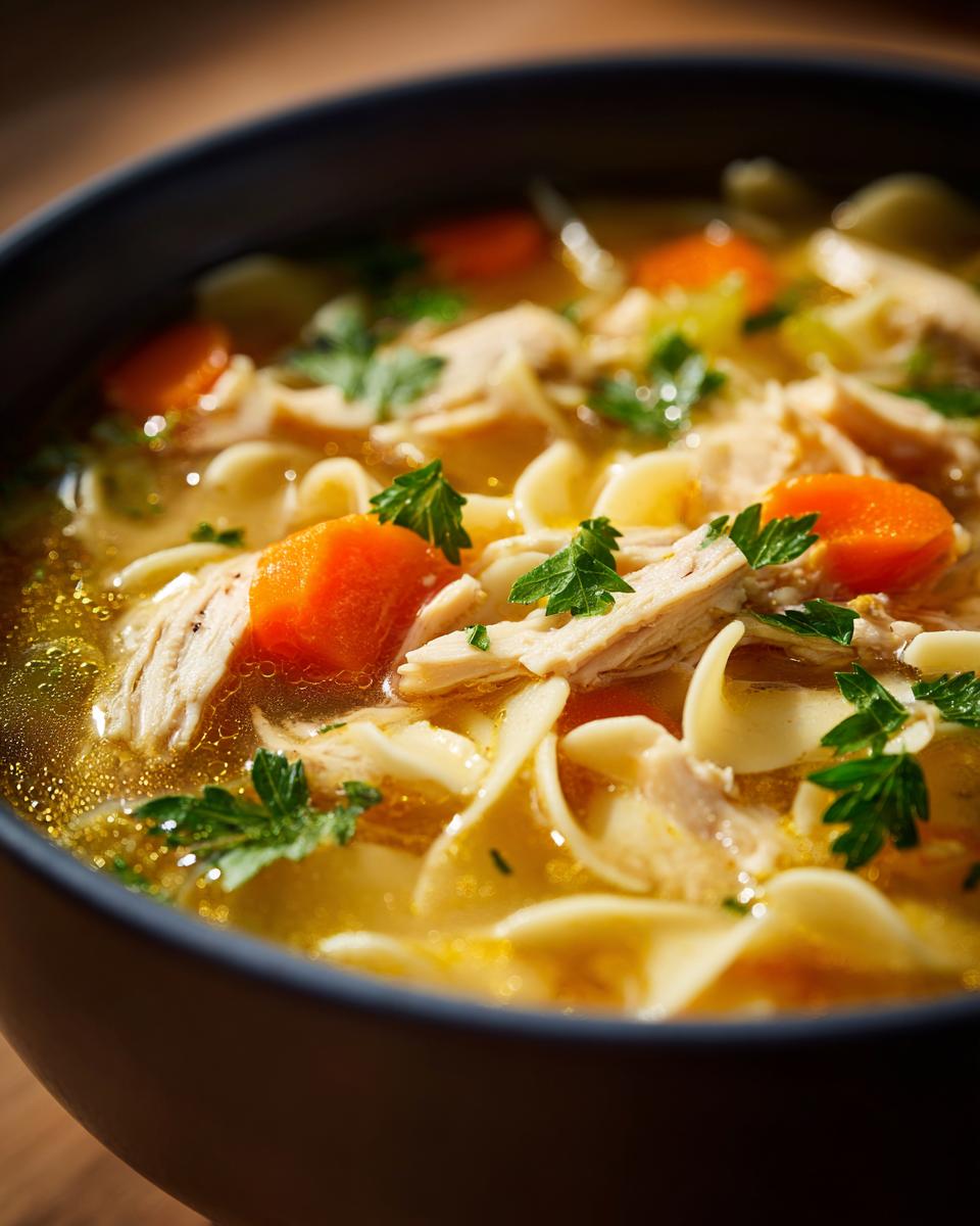 Close-up of a steaming bowl of classic chicken noodle soup with shredded chicken, wide egg noodles, carrots, and fresh parsley.