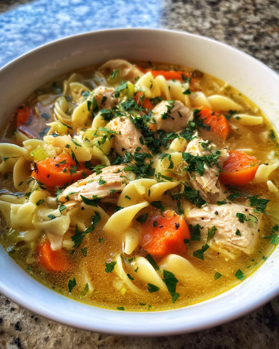 A close-up of a steaming bowl of classic chicken noodle soup, filled with tender chicken, egg noodles, and carrots, garnished with fresh parsley.
