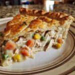 A delicious slice of classic chicken pot pie, filled with shredded chicken and mixed vegetables like peas, carrots, and corn.