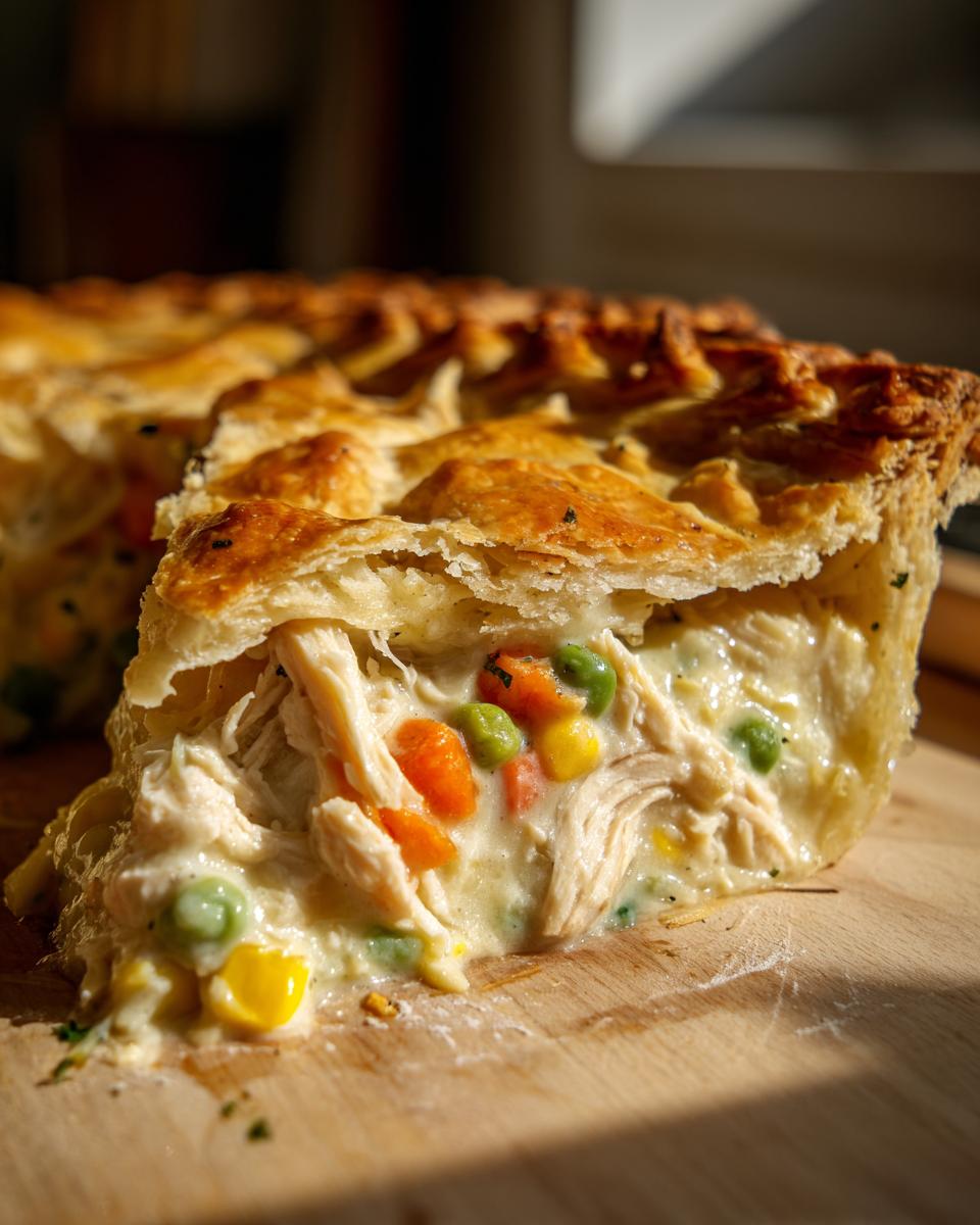 A close-up of a slice of classic chicken pot pie, showing shredded chicken, peas, carrots, and corn in a creamy sauce, with flaky golden crust.