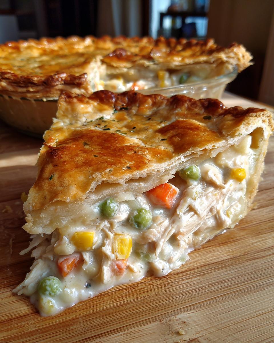 A close-up of a slice of classic chicken pot pie, showing flaky crust and creamy filling with chicken, peas, carrots, and corn.