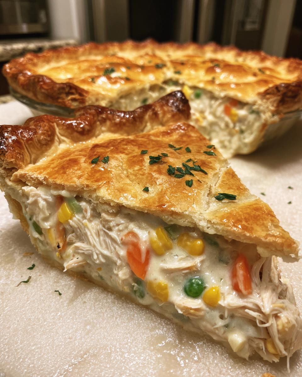 A close-up of a slice of classic chicken pot pie, showing flaky crust and creamy filling with chicken and vegetables.