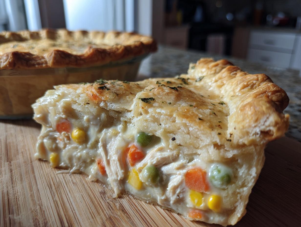 A close-up of a generous slice of classic chicken pot pie, showing flaky crust and creamy filling with chicken and vegetables.