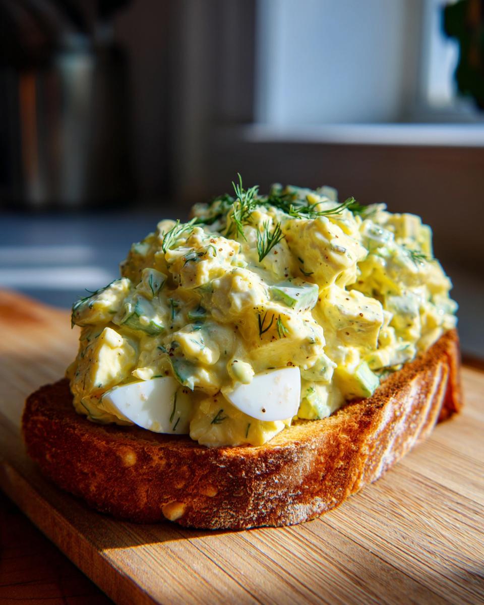 A thick pile of creamy classic egg salad with dill and seasonings on a slice of toasted bread.