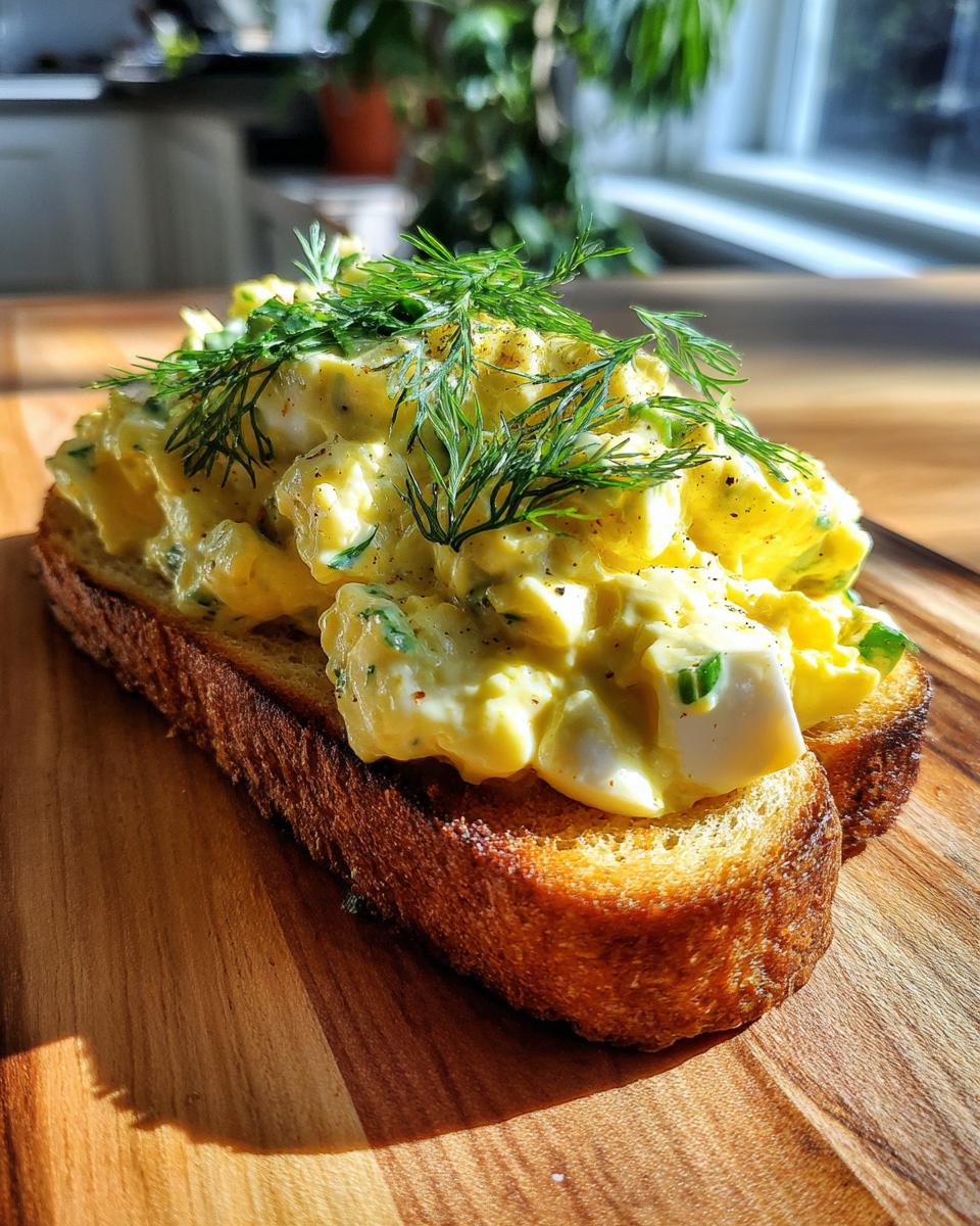 A close-up of a classic egg salad sandwich on toasted bread, generously topped with fresh dill.