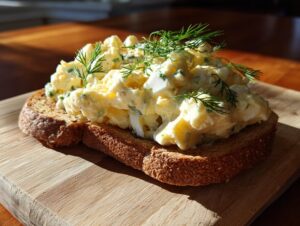 A hearty serving of classic egg salad piled high on a slice of toasted whole wheat bread, garnished with fresh dill.