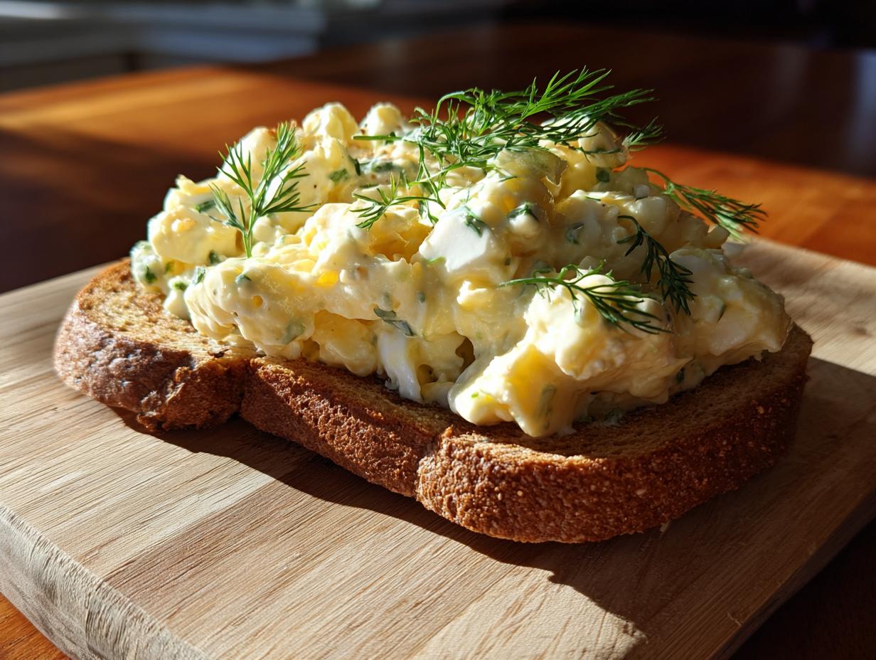 A hearty serving of classic egg salad piled high on a slice of toasted whole wheat bread, garnished with fresh dill.