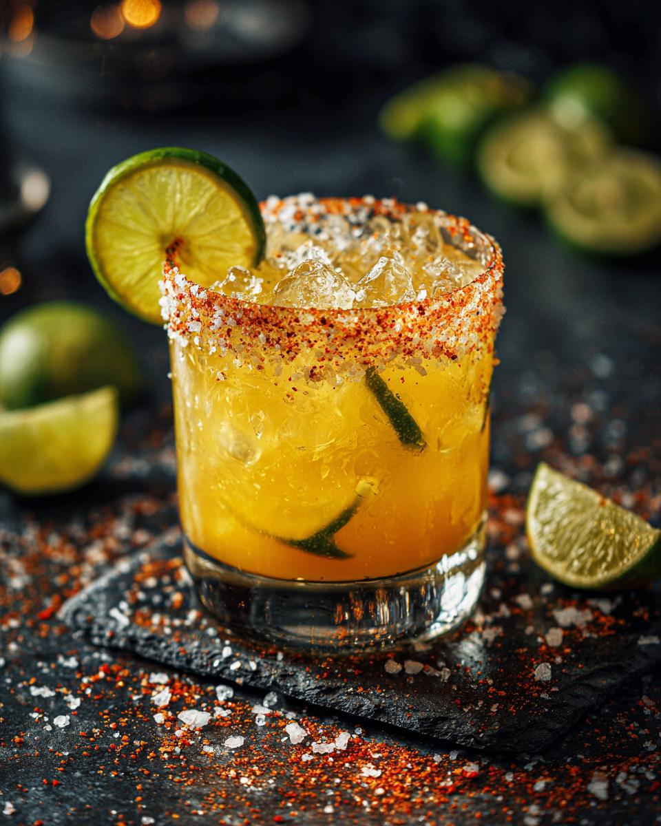 A refreshing Classic Margarita cocktail with a chili salt rim, ice, lime wedges, and a lime wheel garnish.