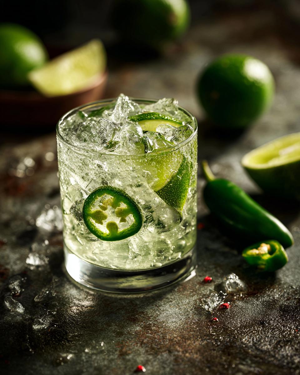 A refreshing classic margarita cocktail garnished with jalapeno slices and lime wedges, served over ice.