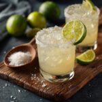 A refreshing Classic Margarita cocktail with a salt rim, garnished with a lime wedge, served on ice.