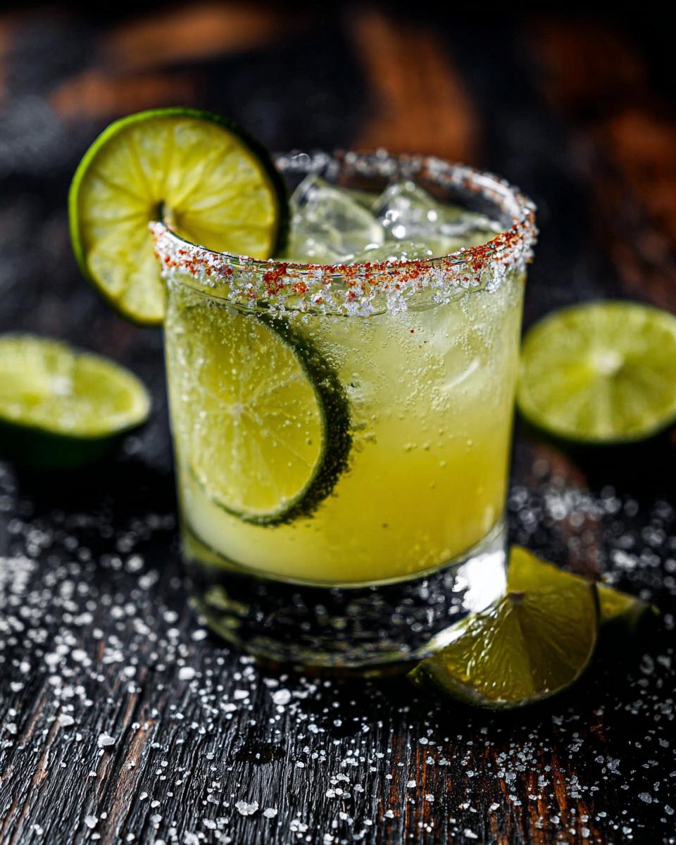 A refreshing Classic Margarita cocktail in a glass, garnished with lime slices and a salt rim, on a dark wooden surface.