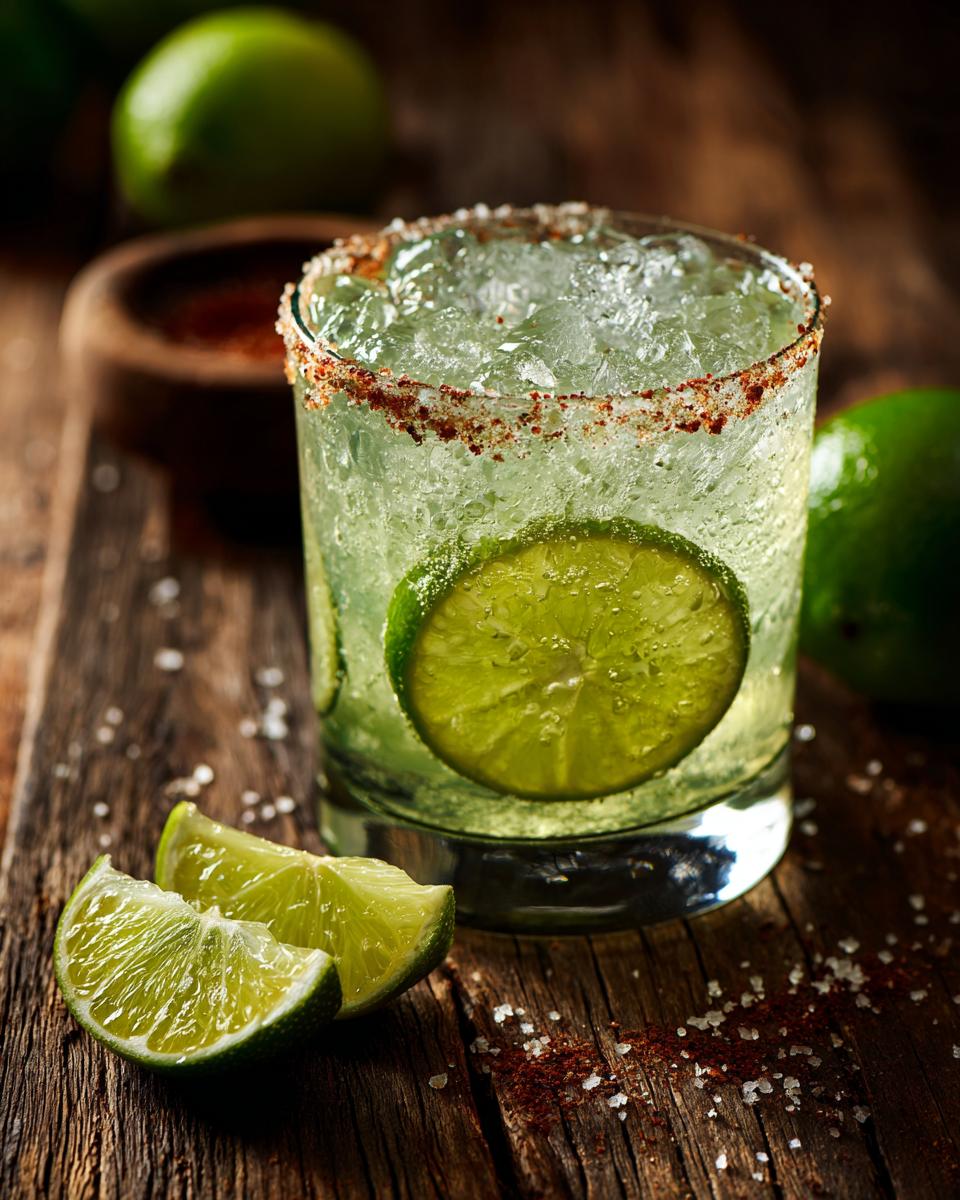 A refreshing classic margarita cocktail with a salt and chili rim, garnished with lime slices and filled with crushed ice.