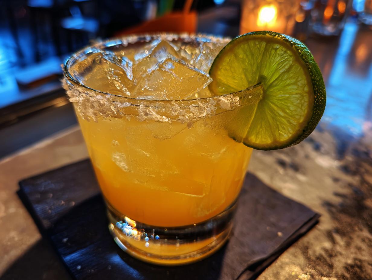 A refreshing classic margarita cocktail in a glass with a salt rim and a lime wedge garnish.
