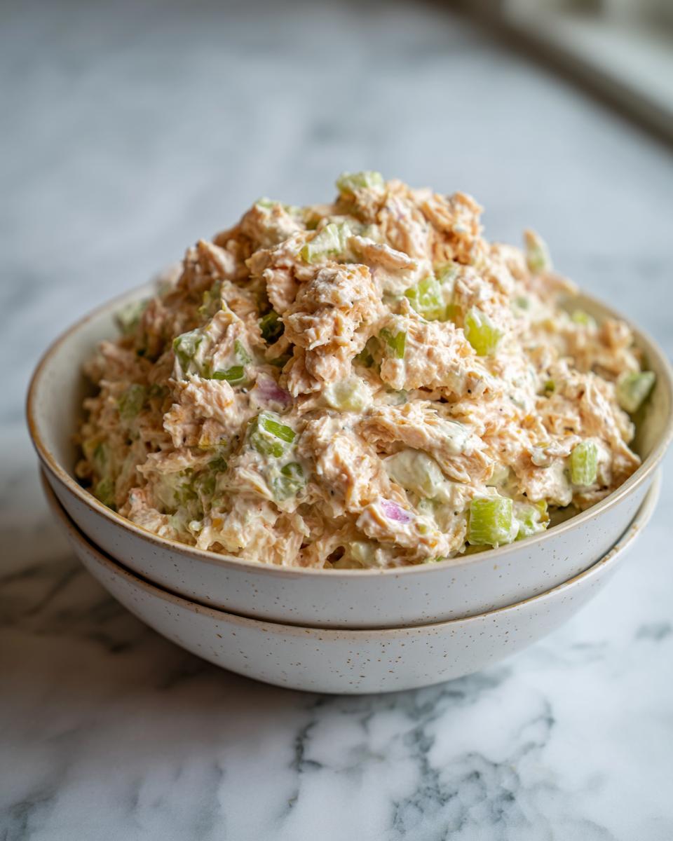 A bowl of classic tuna salad mixed with chopped celery and red onion, coated in creamy mayonnaise.