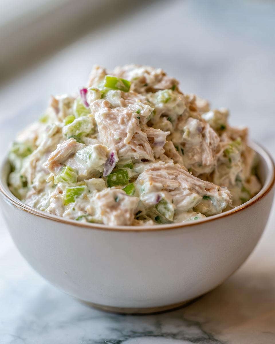 A bowl of creamy Classic Tuna Salad mixed with chopped celery and red onion.
