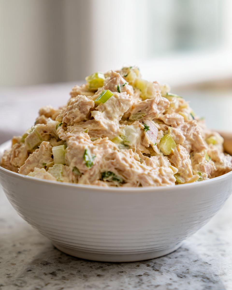 A close-up of a generous serving of classic tuna salad in a white bowl, featuring chunks of tuna, celery, and herbs.