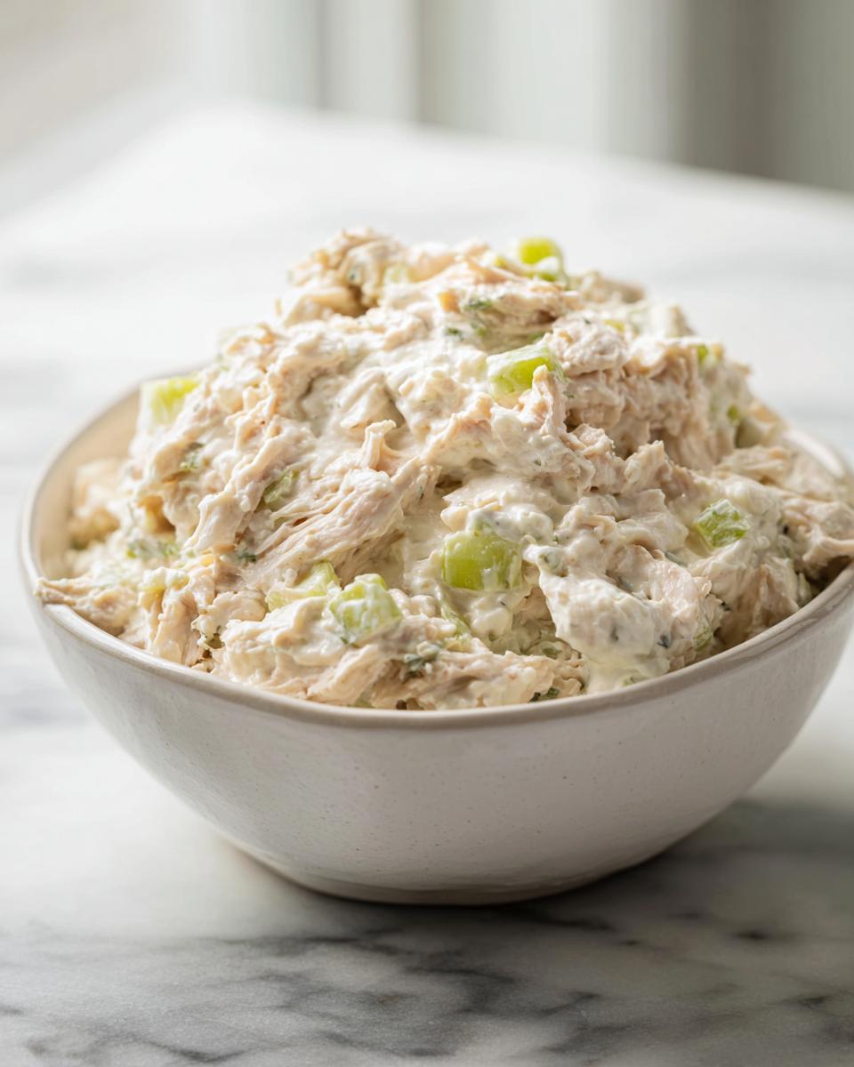 A close-up of a bowl filled with classic tuna salad, featuring shredded tuna, chopped celery, and a creamy mayonnaise-based dressing.
