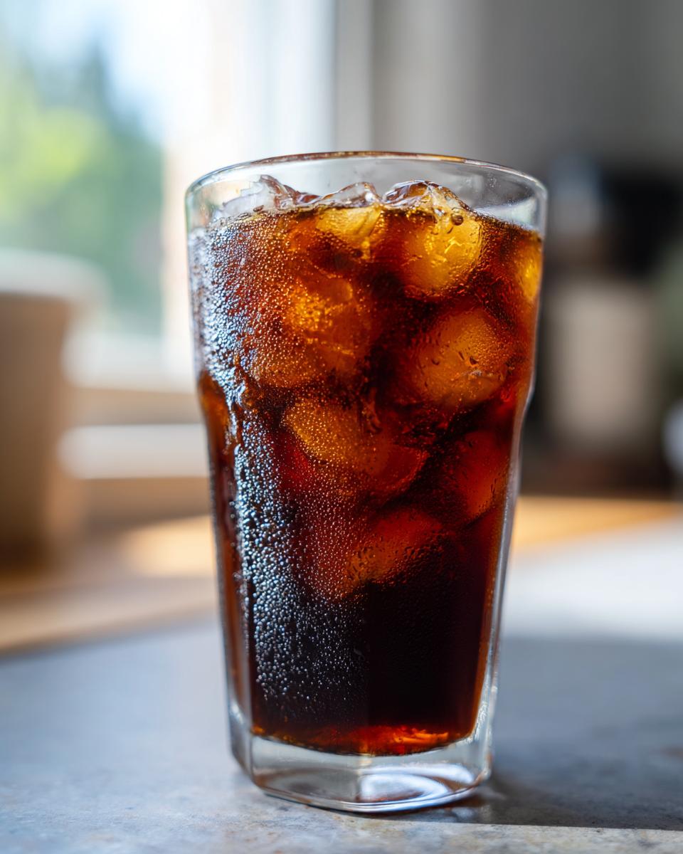 A tall glass filled with cold brew coffee and ice, showing condensation on the glass.
