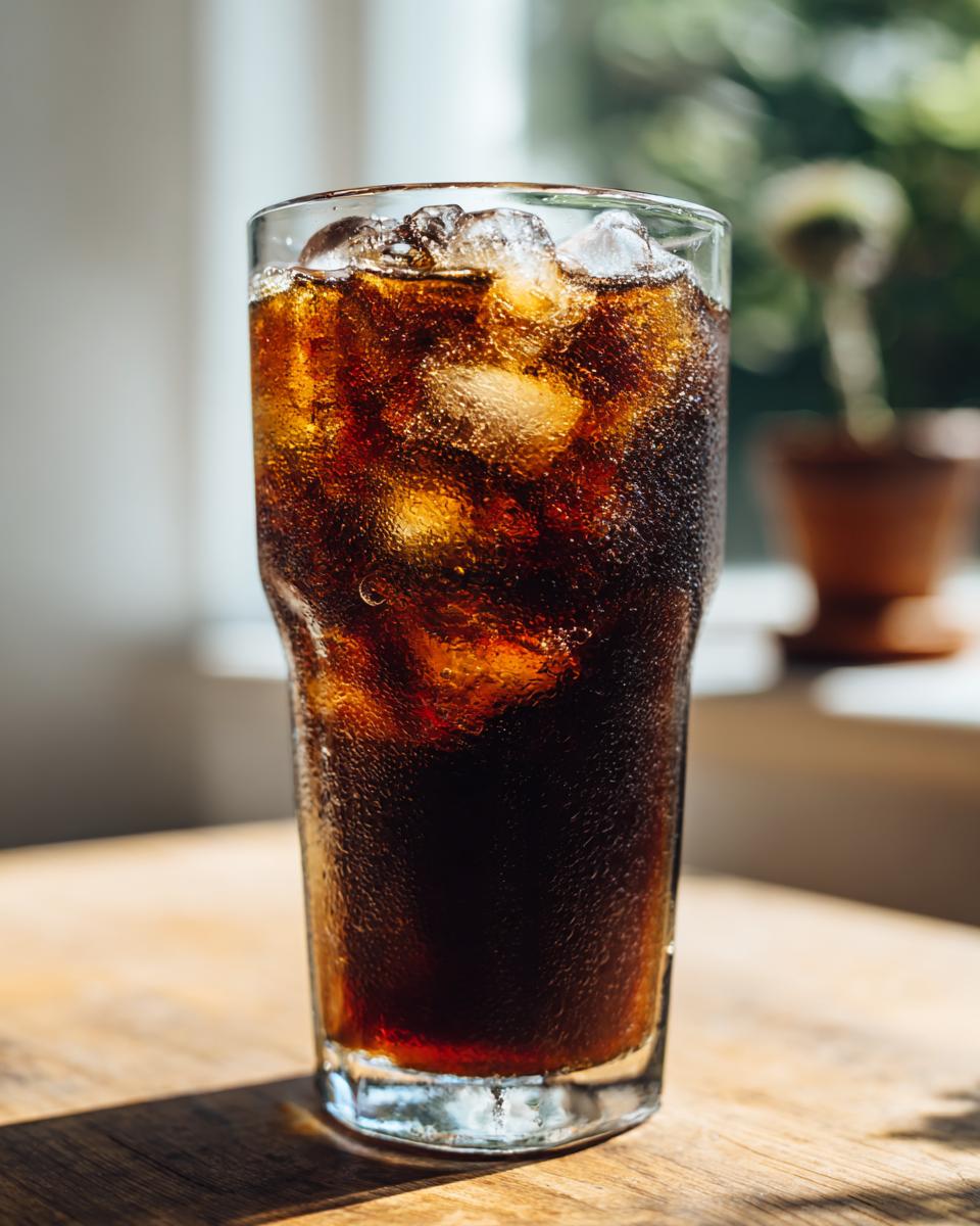 A tall glass filled with dark cold brew coffee and ice, condensation on the glass.
