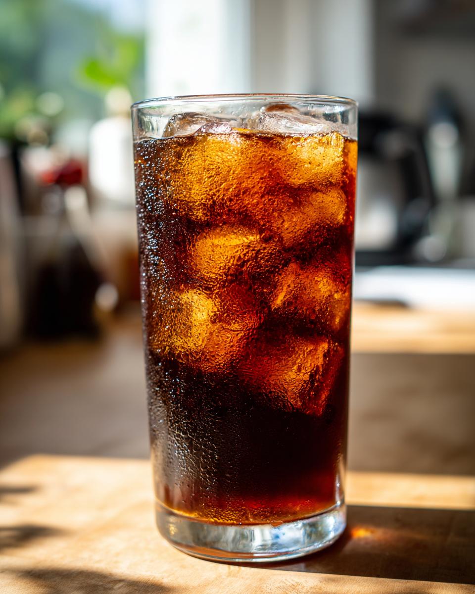 A tall glass filled with cold brew coffee and ice, condensation on the glass, on a wooden surface.