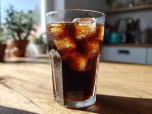 A tall glass filled with cold brew coffee and ice cubes, condensation on the glass, on a wooden table.