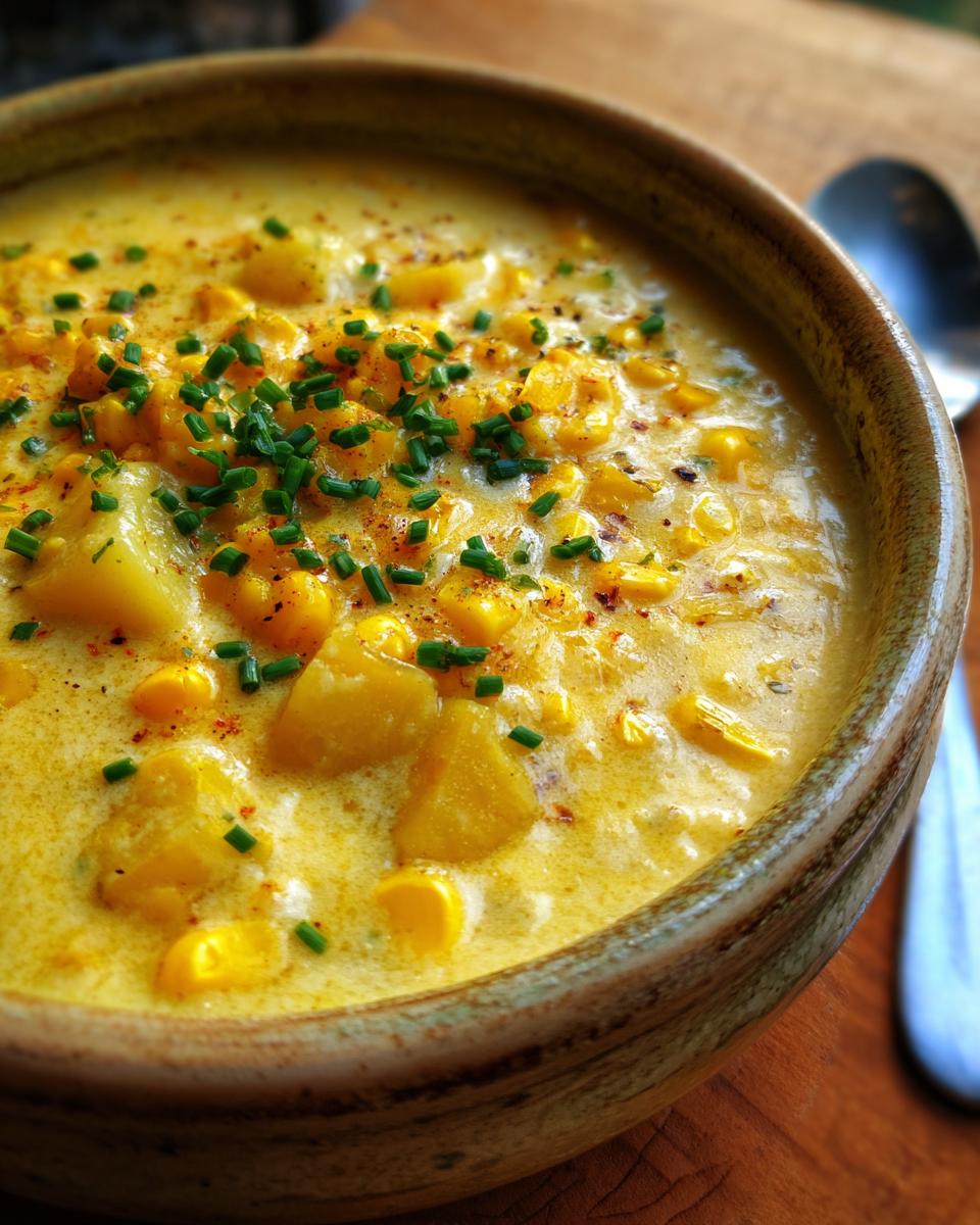 Close-up of a rustic bowl filled with creamy corn chowder, featuring chunks of potato and topped with fresh chives.