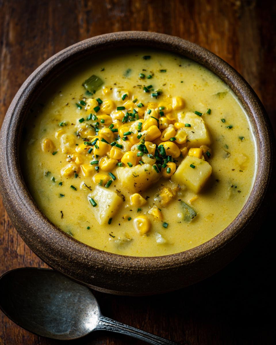 A close-up overhead view of a bowl of creamy corn chowder with chunks of potato and topped with fresh chives.