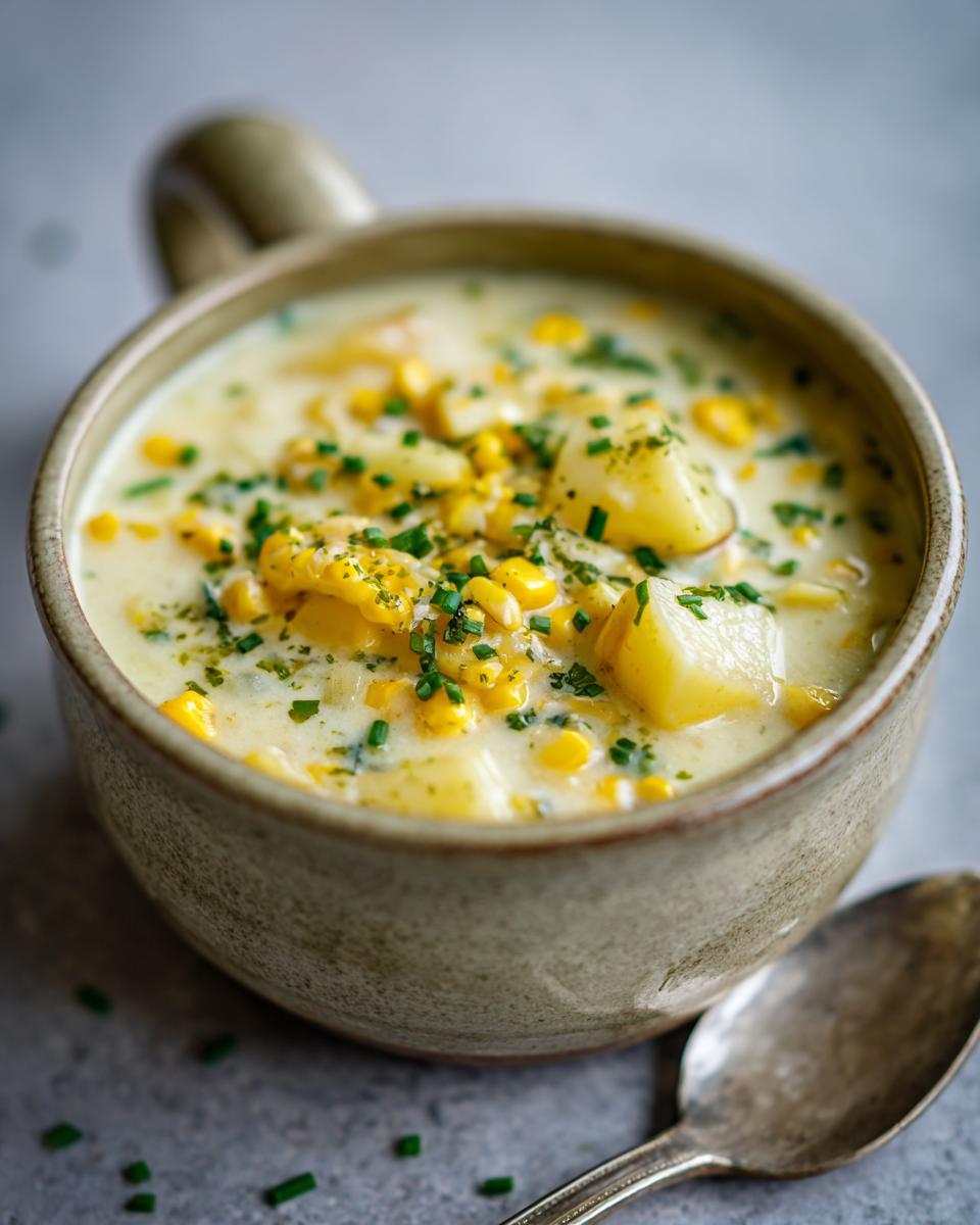 A close-up of a bowl of creamy corn chowder, filled with corn kernels and potato chunks, garnished with fresh chives.