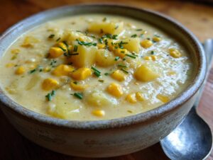 A close-up of a bowl of creamy corn chowder, featuring tender potatoes, sweet corn kernels, and fresh chives.