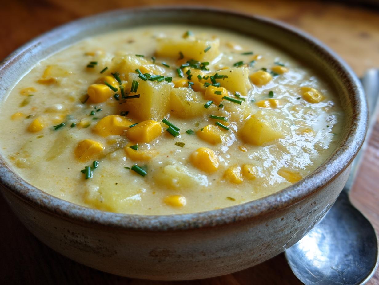 A close-up of a bowl of creamy corn chowder, featuring tender potatoes, sweet corn kernels, and fresh chives.
